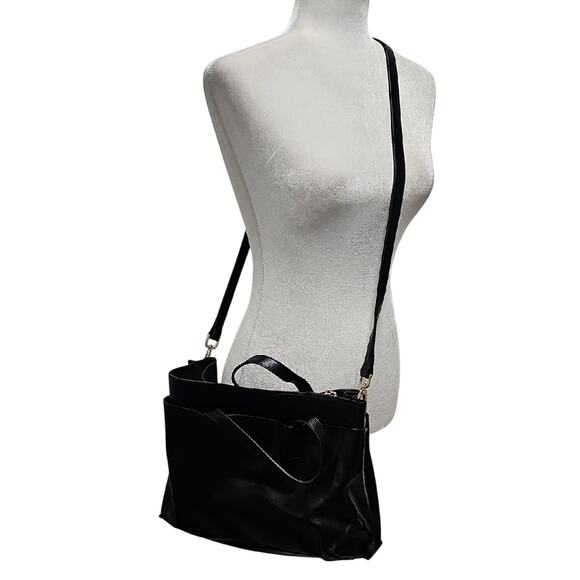 Co-Lab Women's 100% Leather Sleek Black Double Handle Crossbody Bag 13"x 10"x 5" - Picture 1 of 10